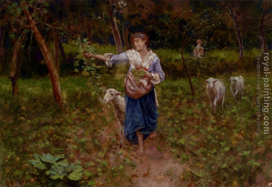 Francesco Paolo Michetti : A Shepherdess In A Pastoral Landscape